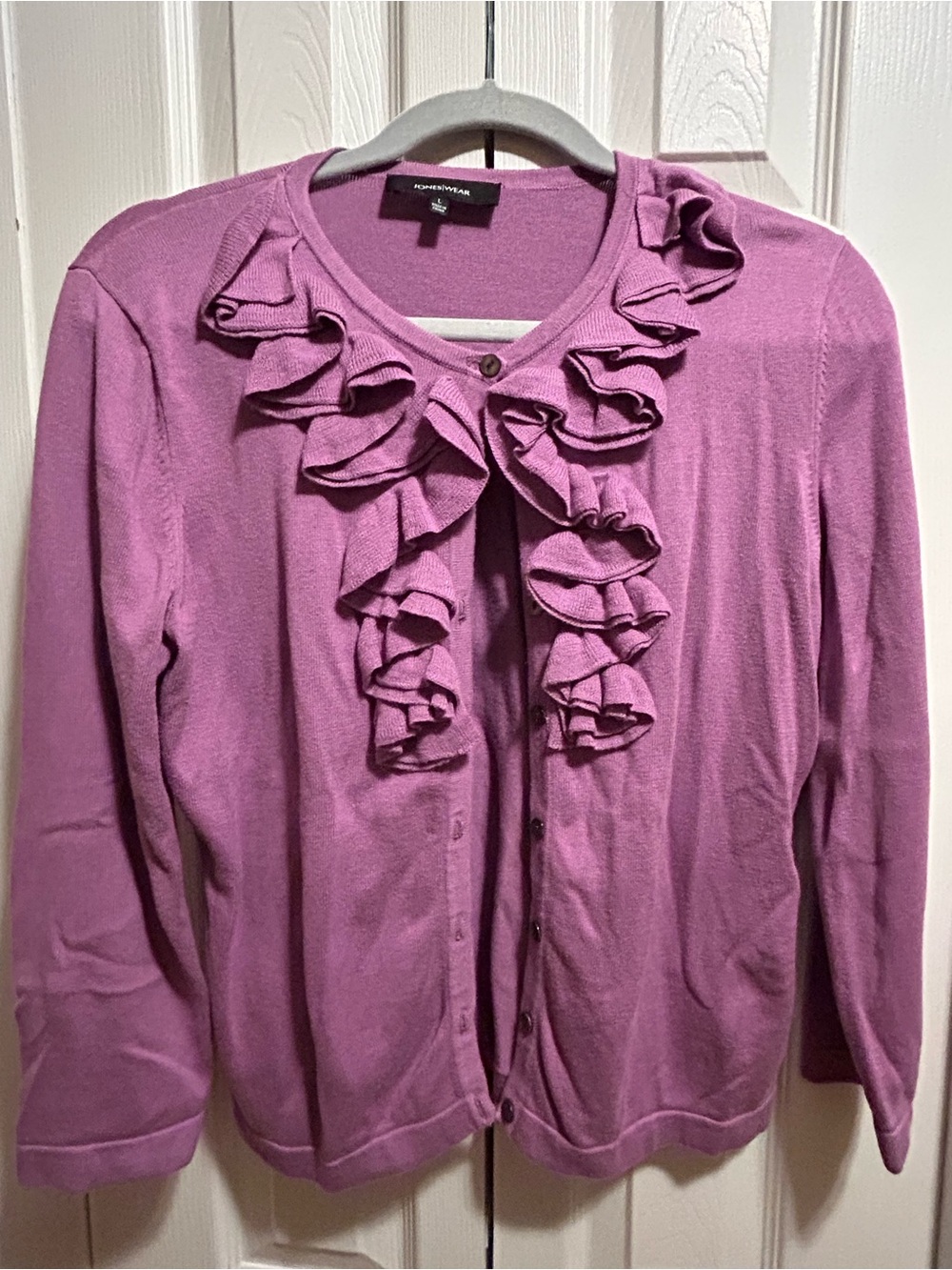 Jones Wear Lavender-Pink Ruffle Front Cardigan